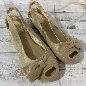 Joyfolie Shoes Womens 8 Pale Gold Mia Slingback Ballet Flats Bows Peep Toe Glam